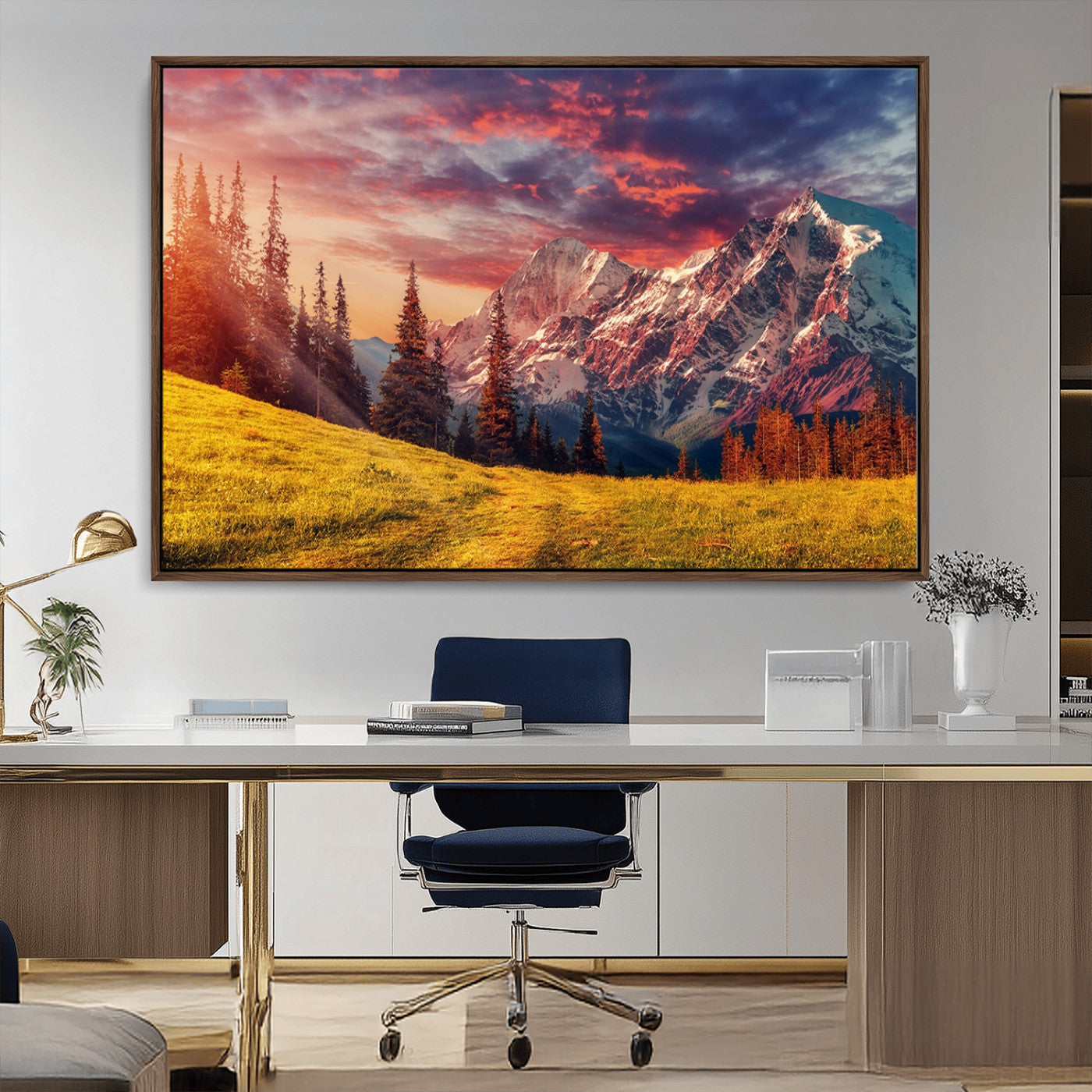 83947-MGV-CV-36X24-Sunset Mountain Landscape Wall Art – Panoramic Alpine Meadow and Snow Capped Peaks Canvas Print, Nature Scenic Decor for Home,