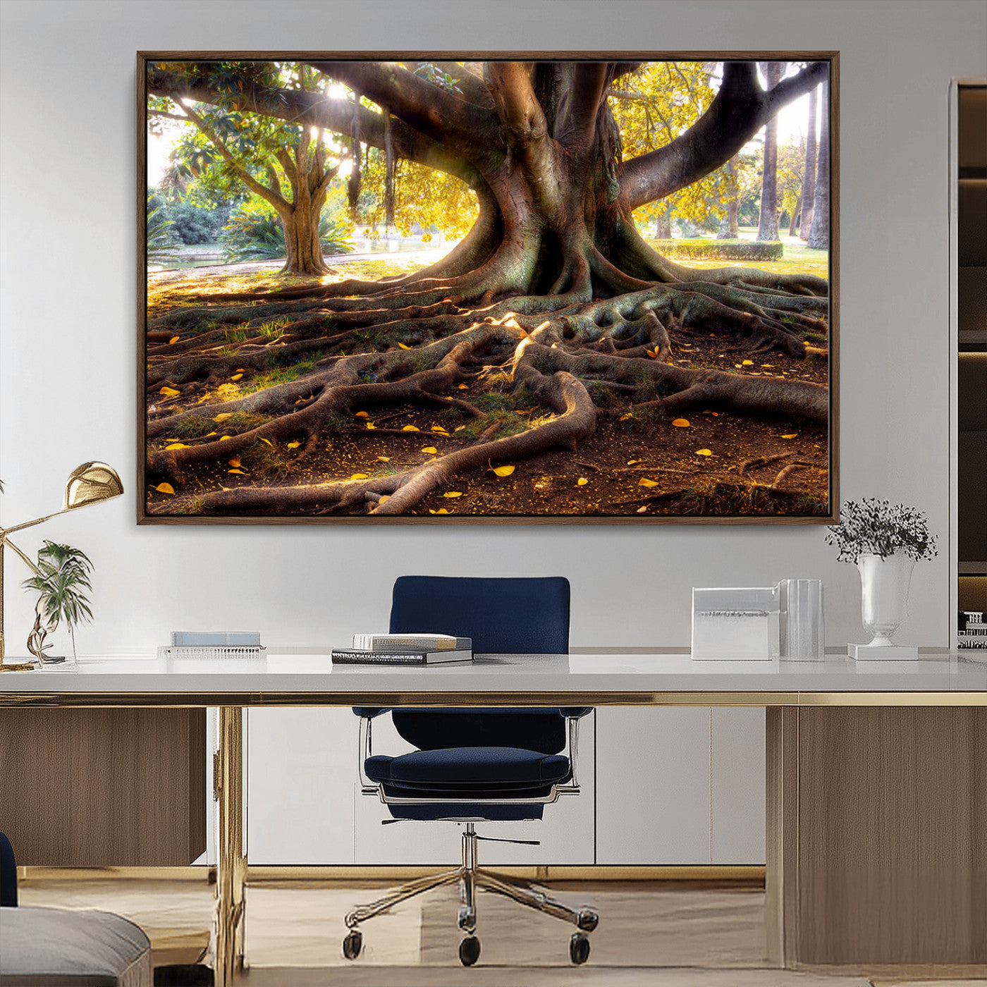 53335-MGV-CV-36X24-Majestic Tree with Sprawling Roots Wall Art – Serene Sunlit Park Scene, Nature Canvas Print, Perfect for Living Room, Office or