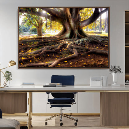 53335-MGV-CV-36X24-Majestic Tree with Sprawling Roots Wall Art – Serene Sunlit Park Scene, Nature Canvas Print, Perfect for Living Room, Office or
