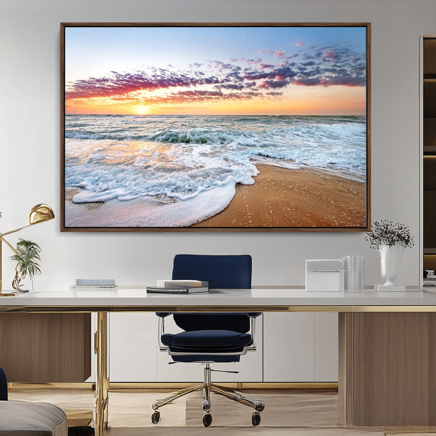 39560-MGV-CV-36X24-Sunrise Beach Wall Art – Vibrant Ocean Waves and Golden Sand Canvas Print, Seaside Coastal Decor for Living Room, Bedroom or