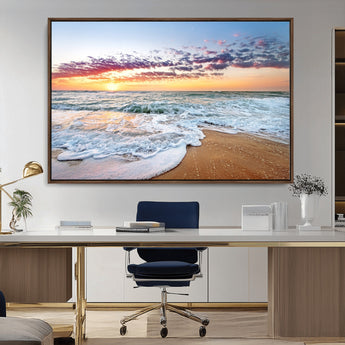 39560-MGV-CV-36X24-Sunrise Beach Wall Art – Vibrant Ocean Waves and Golden Sand Canvas Print, Seaside Coastal Decor for Living Room, Bedroom or
