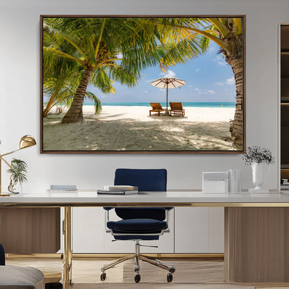 83601-MGV-CV-36X24-Tropical Beach Wall Art – Serene Palm Trees and Lounge Chairs Canvas Print, Relaxing Coastal Decor for Living Room, Bedroom or