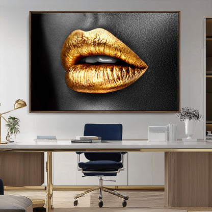 84747-MGV-CV-36X24-Golden Lips Black & White Portrait – Glamorous Metallic Lip Art Print, Modern Wall Decor for Bedroom, Beauty & Fashion Lover Gift