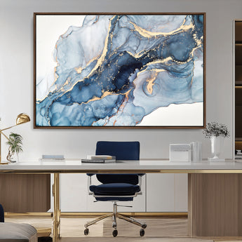 33782-MGV-CV-36X24-Abstract Marble Wall Art – Blue & Gold Fluid Painting Canvas Print, Modern Home Decor for Living Room, Bedroom or Office