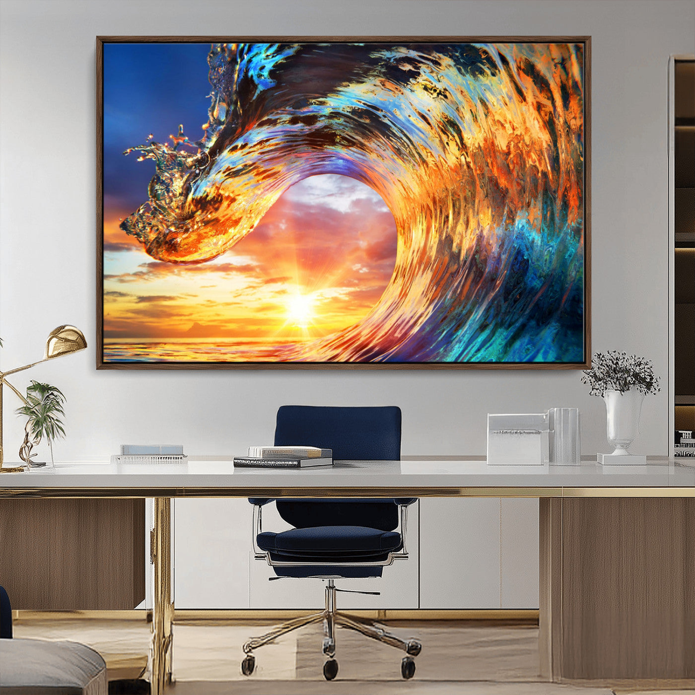 52890-MGV-CV-36X24-Surfing Wave Wall Art Canvas Print, Framed Sunset Ocean Art Picture Print, Ocean Wave Perfect Nautical Decor Artwork