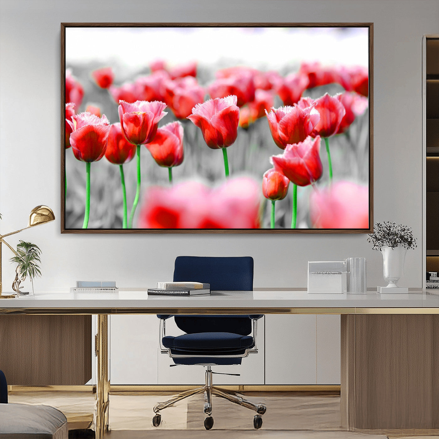 44554-MGV-CV-36X24-Vibrant red tulips stand out beautifully against a black-and-white background, making a striking decor piece perfect for any home