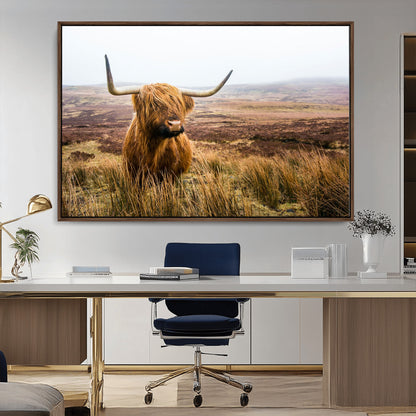 79391-MGV-CV-36X24-Majestic Highland Cow in Misty Scottish Moorland – Rustic Natural Charm, Perfect for Unique Home or Office Decor
