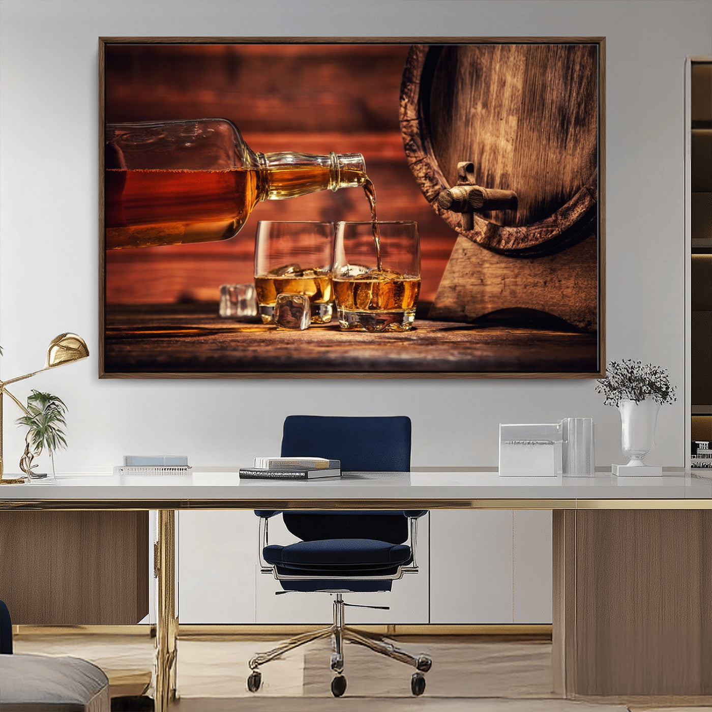 21266-MGV-CV-36X24-Pouring Whiskey into Glasses with Ice – Rustic Wooden Barrel Background, Warm Ambient Lighting, Ideal Decor for Home or Office