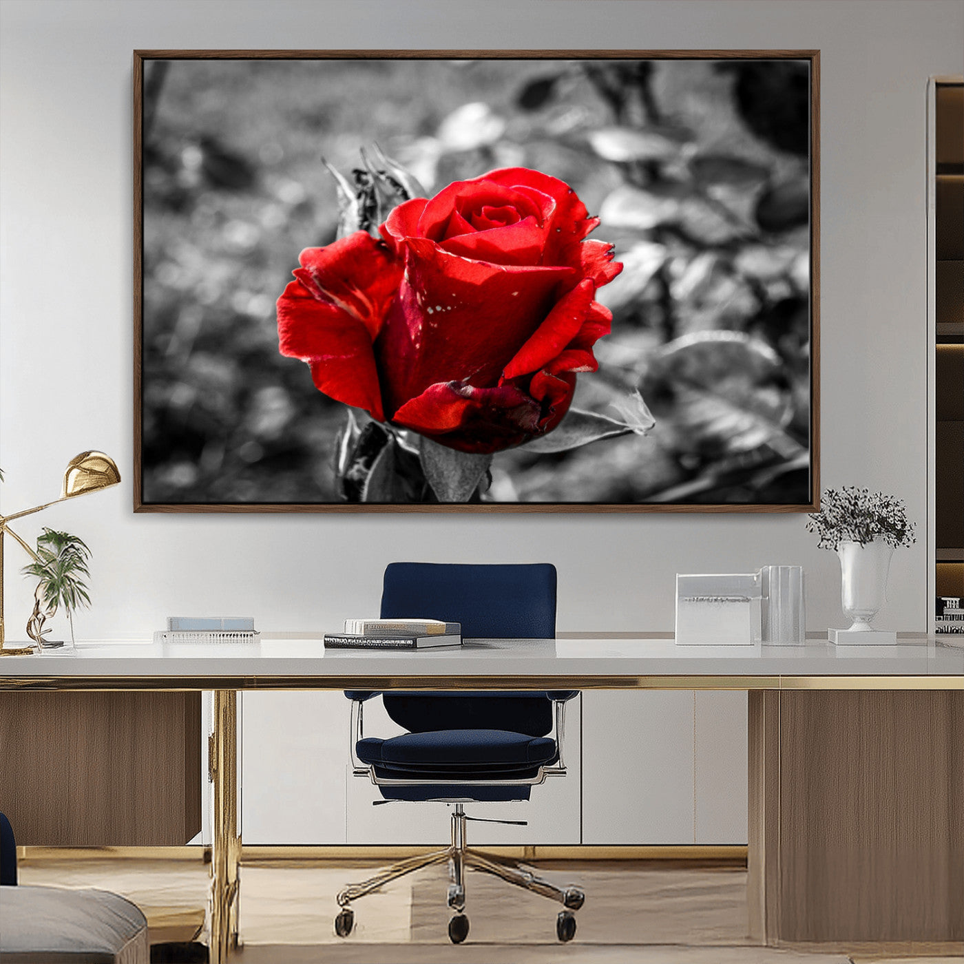 84671-MGV-CV-36X24-Red Rose Wall Art – Vibrant Single Bloom Canvas Print with Black and White Background, Elegant Floral Decor for Living Room,