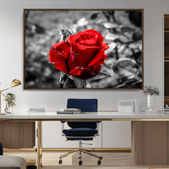84671-MGV-CV-36X24-Red Rose Wall Art – Vibrant Single Bloom Canvas Print with Black and White Background, Elegant Floral Decor for Living Room,