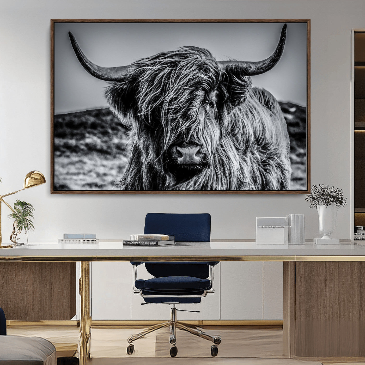 97372-MGV-CV-36X24-Elegant Highland Cow Wall Art – Black and White Canvas Print, Rustic Nature Decor for Home, Office, Living Room or Man Cave