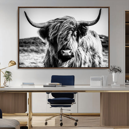 36979-MGV-CV-36X24-Striking black-and-white portrait of a Highland cow with flowing fur and majestic horns, perfect for rustic and elegant home or