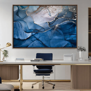 27810-MGV-FC-36X24_Walnut-Abstract Blue Gold Fluid Art Wall – Modern Canvas Print, Elegant Home & Office Wall Art, Stylish Living Room or Bedroom Decor