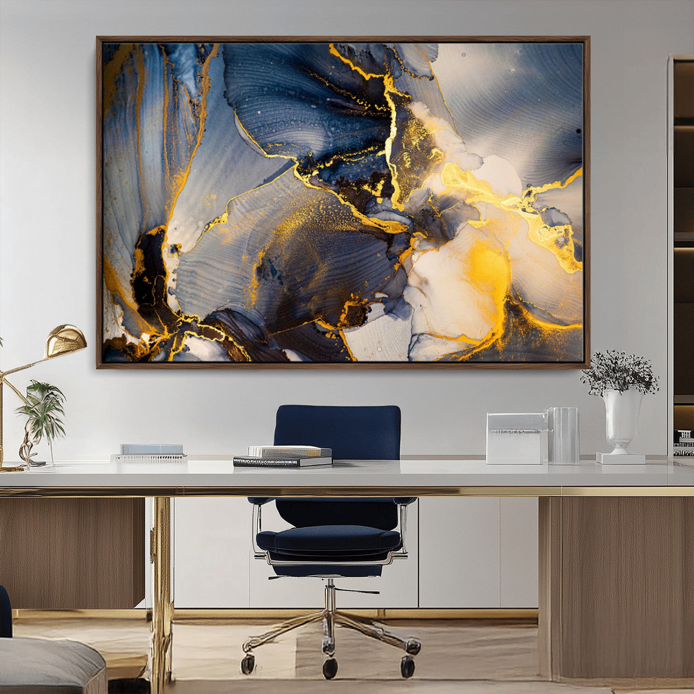 42100-MGV-FC-36X24_Walnut-Golden Flow Abstract Wall Art – Panoramic Modern Blue and Gold Canvas Print, Contemporary Artistic Decor for Home, Office