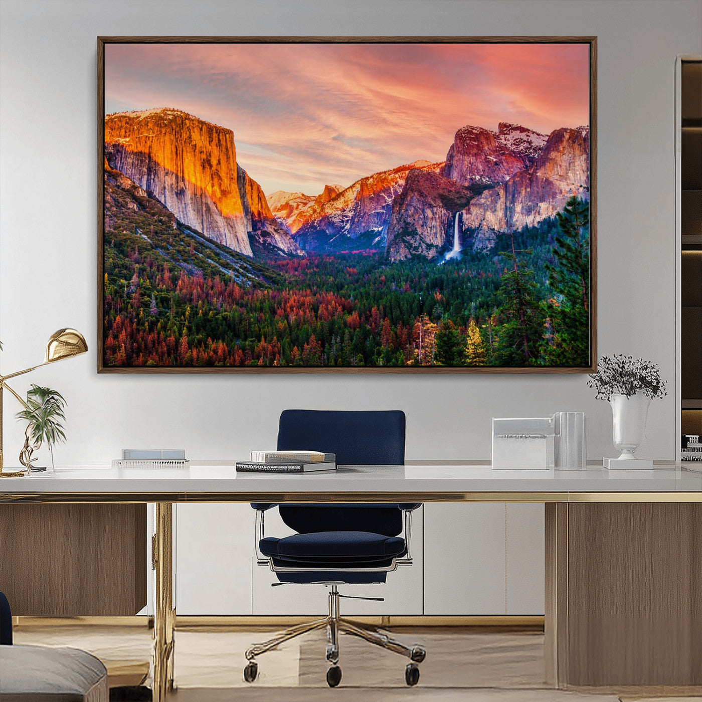 24519-MGV-CV-36X24-Yosemite Valley Sunset Wall Art – Majestic Mountain Landscape with Waterfall and Vibrant Sky, Nature Photography for Home or