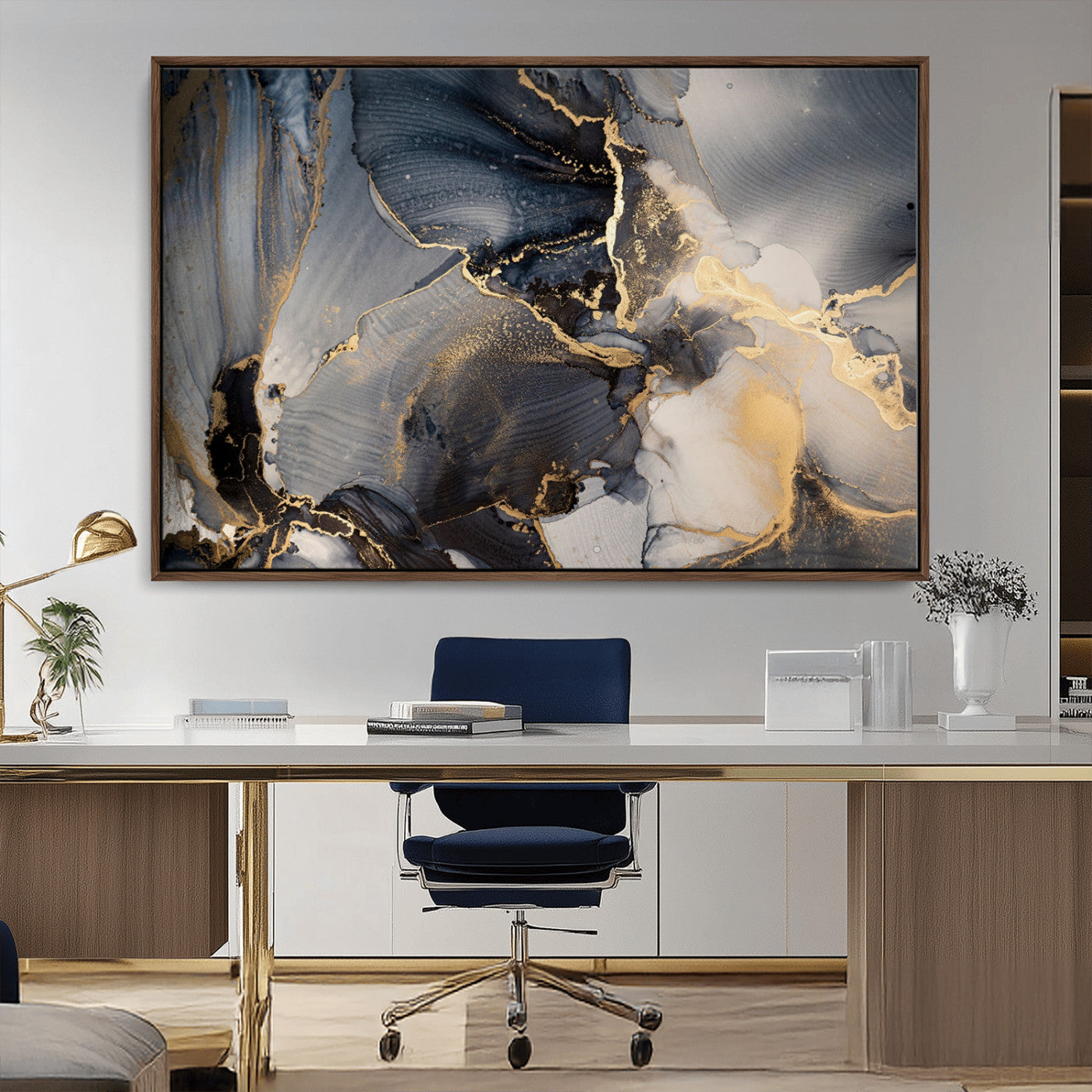 24068-MGV-CV-36X24-Luxury Abstract Wall Art – Gold & Gray Fluid Ink Painting Canvas, Modern Metallic Home Decor, Elegant Office or Living Room Accent