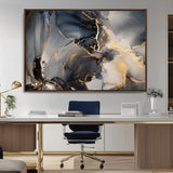 24068-MGV-CV-36X24-Luxury Abstract Wall Art – Gold & Gray Fluid Ink Painting Canvas, Modern Metallic Home Decor, Elegant Office or Living Room Accent