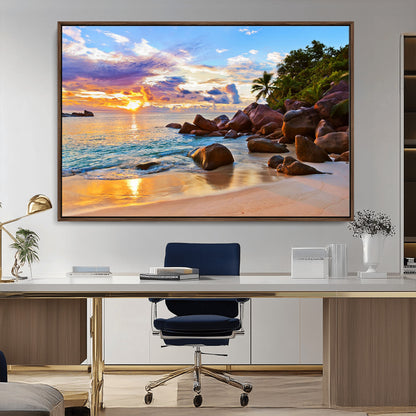 43209-MGV-CV-36X24-Tropical Beach Sunset Wall Art – Golden Ocean Waves and Palm Trees with Rocky Shore Canvas Print, Coastal Seascape Decor for