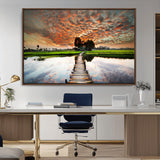 29105-MGV-CV-36X24-Rustic Wooden Bridge Wall Art – Scenic Sunset Over Rice Fields and Reflective Water Canvas Print, Nature Landscape Decor for