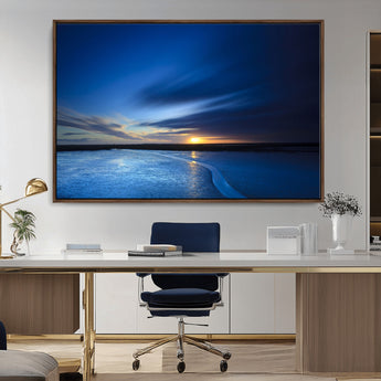 65405-MGV-CV-36X24-Blue Sunrise Seascape Wall Art – Tranquil Ocean Horizon Canvas Print with Golden Sunlight and Deep Sky, Coastal Landscape Decor