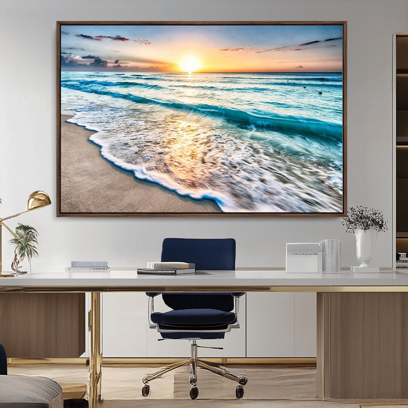 27815-MGV-CV-36X24-Ocean Sunrise Beach Wall Art – Serene Coastal Canvas Print with Waves and Golden Morning Light, Relaxing Seascape Decor for