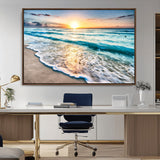 27815-MGV-CV-36X24-Ocean Sunrise Beach Wall Art – Serene Coastal Canvas Print with Waves and Golden Morning Light, Relaxing Seascape Decor for