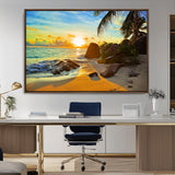 26181-MGV-CV-36X24-Golden Tropical Sunset Beach Wall Art – Ocean Canvas Print with Palm Trees and Rocks, Coastal Paradise Decor for Living Room or