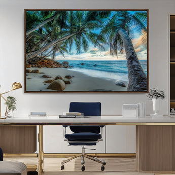 39679-MGV-CV-36X24-Tropical Palm Beach Wall Art – Serene Ocean Canvas Print with Palm Trees and Rocks, Coastal Paradise Decor for Living Room or