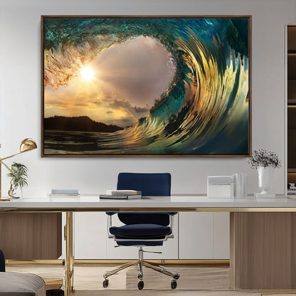 38256-MGV-CV-36X24-Ocean Wave Wall Art – Stunning Sunrise Through Curling Wave Canvas Print, Coastal Surf Photography Seascape Decor for Living Room,