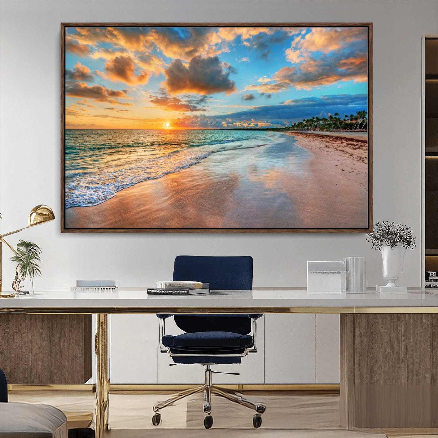 41572-MGV-CV-36X24-Sunset Beach Wall Art – Ocean Waves and Palm Trees Canvas Print, Tropical Coastal Sunset Seascape Decor for Living Room, Bedroom