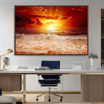 60211-MGV-CV-36X24-Fiery Sunset Ocean Wall Art – Red Sky Seascape Canvas Print with Waves, Bold Coastal Sunset Decor for Living Room or Bedroom