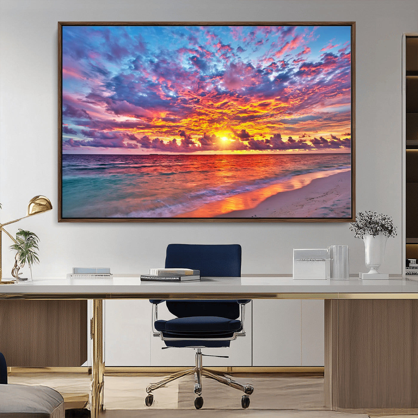 72836-MGV-CV-36X24-Fiery Sunset Beach Wall Art – Panoramic Vibrant Ocean Canvas Print, Dramatic Coastal Decor for Living Room, Bedroom or Office