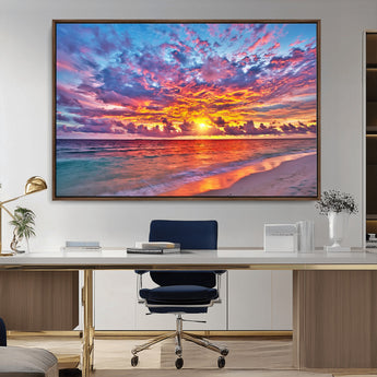 72836-MGV-CV-36X24-Fiery Sunset Beach Wall Art – Panoramic Vibrant Ocean Canvas Print, Dramatic Coastal Decor for Living Room, Bedroom or Office