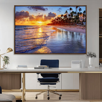 19917-MGV-CV-36X24-Tropical Sunset Beach Wall Art – Panoramic Palm Trees and Ocean Canvas Print, Vibrant Coastal Decor for Living Room, Office or Man