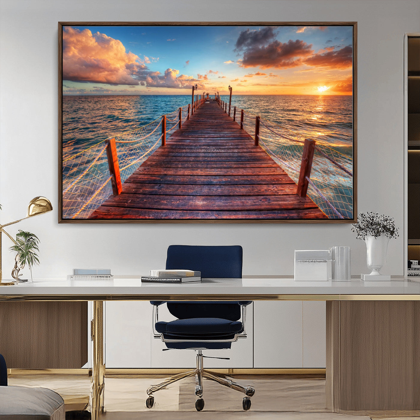 28836-MGV-CV-36X24-Ocean Pier Sunset Wall Art – Wooden Dock and Golden Horizon Canvas Print, Coastal Seascape Photography for Living Room, Bedroom,