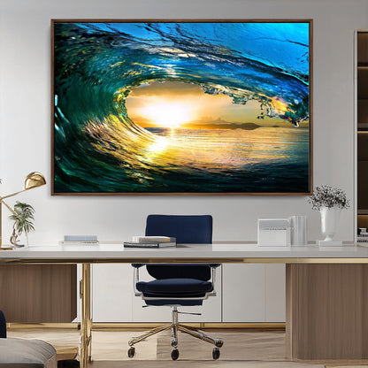 19378-MGV-CV-36X24-Ocean Wave Sunset Wall Art – Vibrant Surf and Golden Horizon Canvas Print, Coastal Seascape Photography for Living Room, Bedroom,
