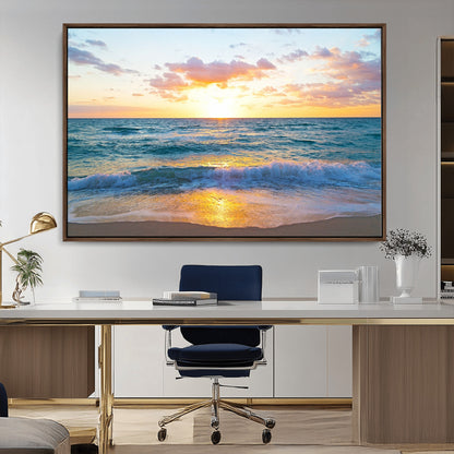 78006-MGV-CV-36X24-Golden Sunrise Ocean Wall Art – Panoramic Beach Waves Canvas Print, Coastal Seascape Artwork for Living Room, Bedroom, Office, or