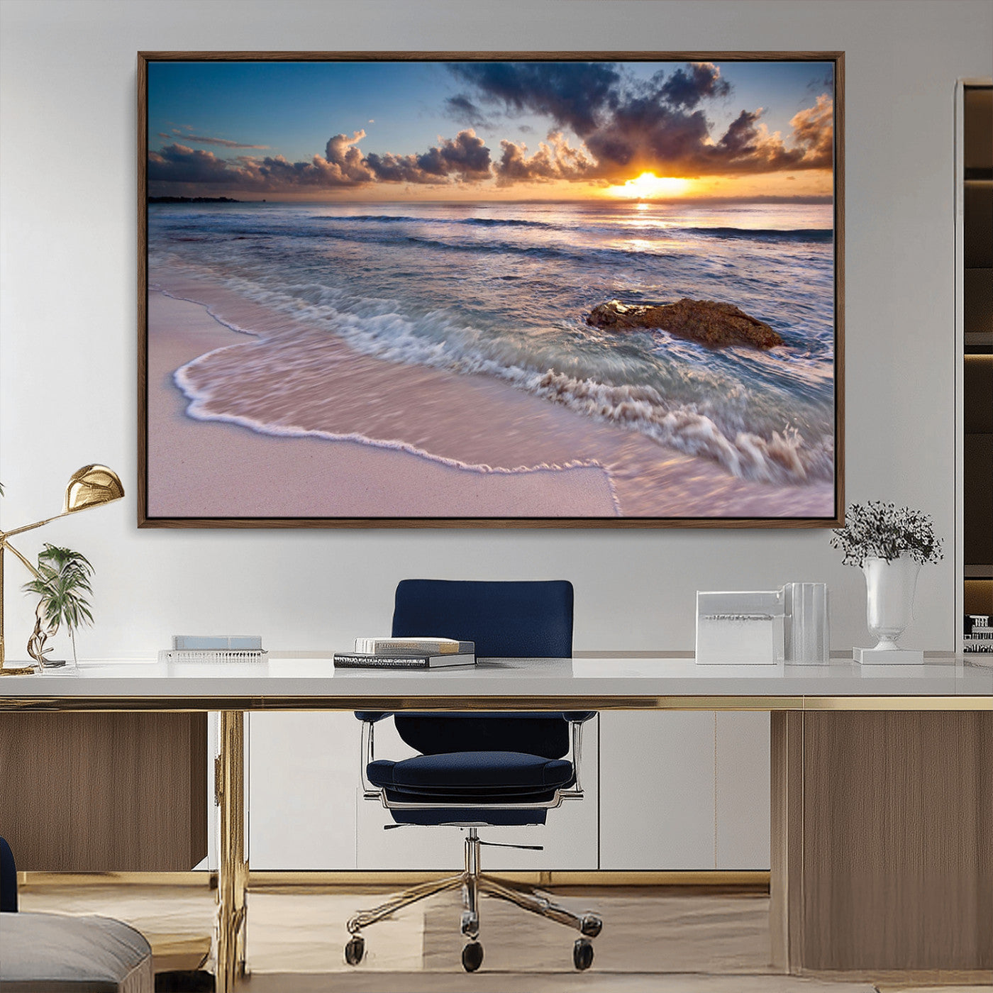 94906-MGV-CV-36X24-Sunrise Beach Wall Art – Panoramic Ocean Waves Canvas Print, Coastal Sunset Seascape Artwork for Living Room, Bedroom, or Office