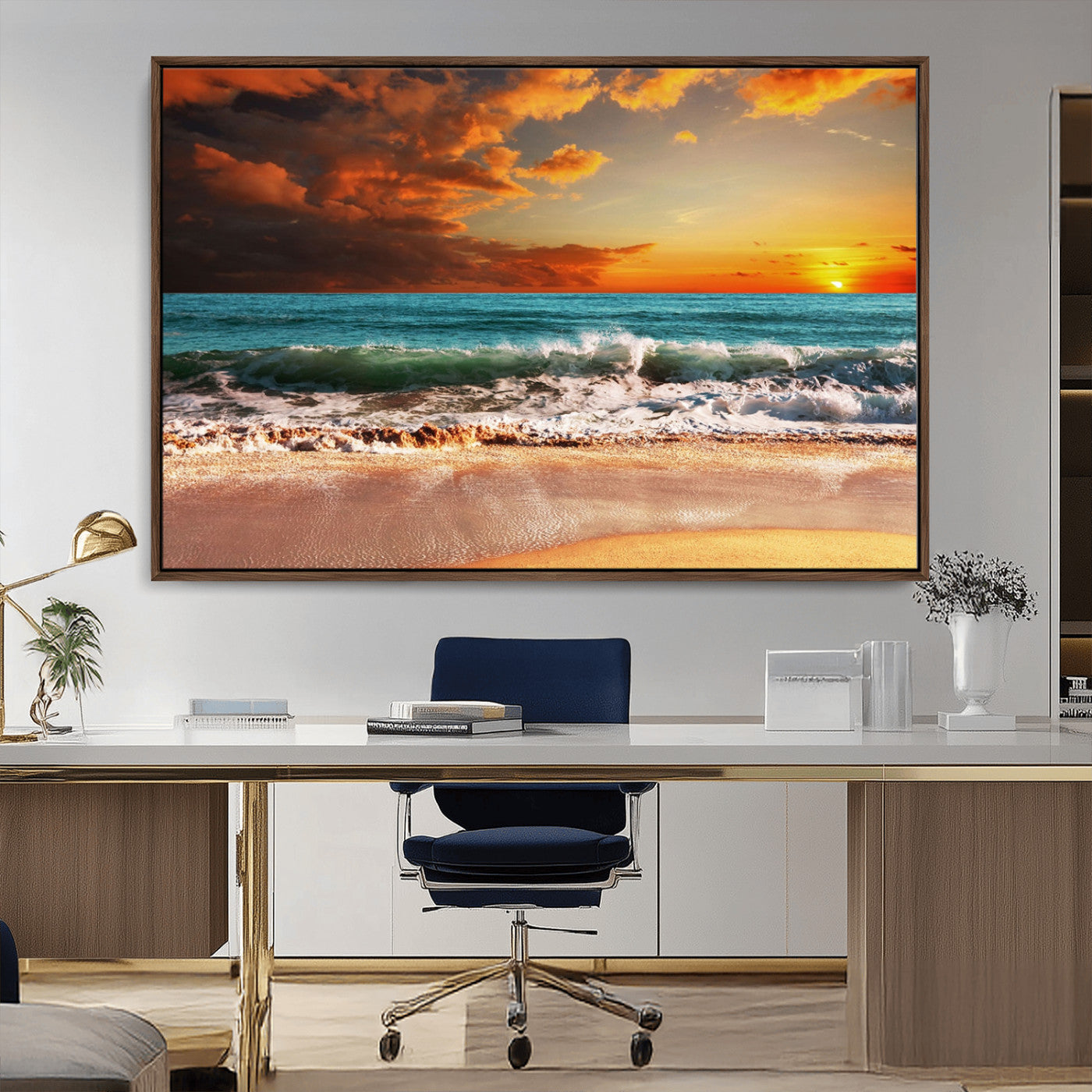 72948-MGV-CV-36X24-Ocean Sunset Wave Wall Art – Dramatic Seascape Canvas Print with Golden Sky and Crashing Waves, Coastal Beach Decor for Living