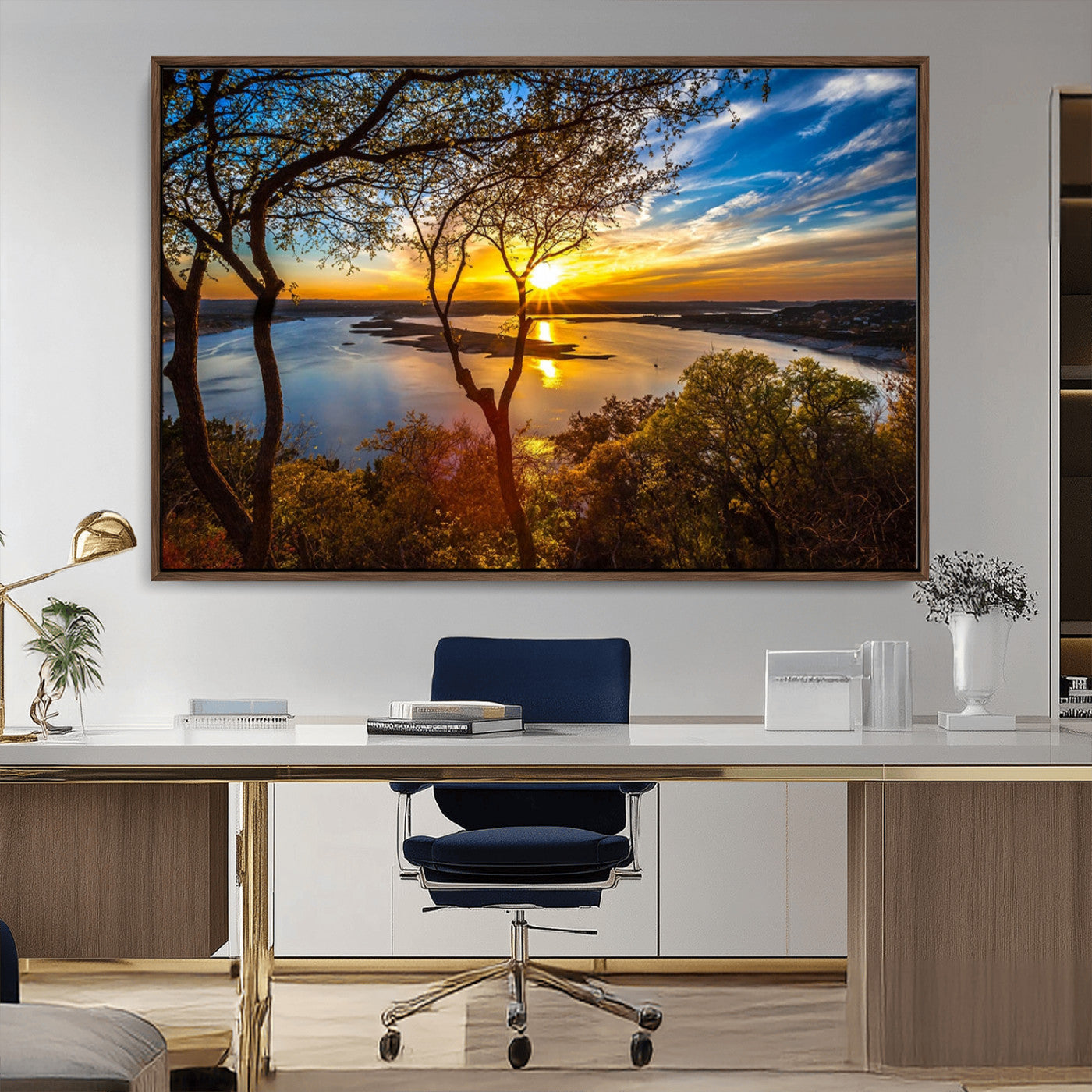 71863-MGV-CV-36X24-Lake Sunset Wall Art – Scenic Nature Canvas Print with Trees and Golden Sky, Serene Landscape Decor for Living Room, Bedroom or