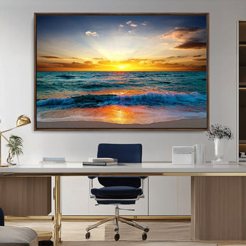 50627-MGV-CV-36X24-Ocean Sunset Wall Art – Serene Beach Canvas Print with Waves and Golden Sky, Coastal Decor for Living Room or Office