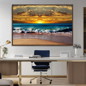 83389-MGV-CV-36X24-Ocean Sunrise Wall Art – Vibrant Beach Waves Canvas Print, Coastal Seascape Decor for Living Room or Office