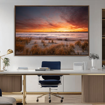 90176-MGV-CV-36X24-Beach Sunset Wall Art – Coastal Sand Dune Canvas Print with Ocean Waves and Dramatic Sky, Seaside Landscape Decor for Living Room