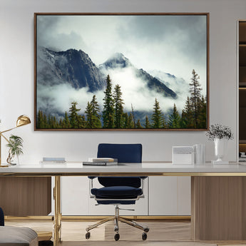 93219-MGV-CV-36X24-Misty Mountain Wall Art – Foggy Pines and Rocky Peaks Canvas Print, Nature Landscape Decor for Living Room, Office or Bedroom