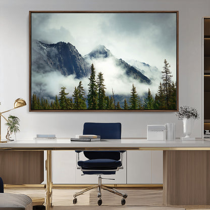 93219-MGV-CV-36X24-Misty Mountain Wall Art – Foggy Pines and Rocky Peaks Canvas Print, Nature Landscape Decor for Living Room, Office or Bedroom