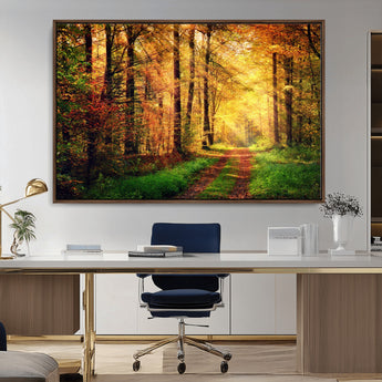 73494-MGV-CV-36X24-Golden Autumn Forest Path Wall Art – Sunlit Woodland Canvas Print, Fall Nature Landscape Home Decoration