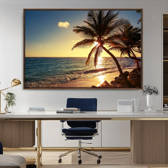 82710-MGV-CV-36X24-Palm Tree Sunset Beach Wall Art – Tropical Ocean Canvas Print, Coastal Paradise Seascape Decor for Living Room or Office Wall