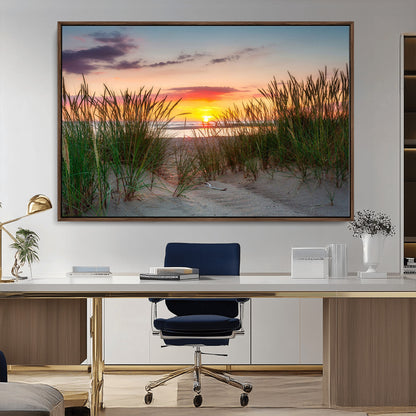 25576-MGV-CV-36X24-Beach Grass Sunset Wall Art – Coastal Sand Dune Landscape Canvas Print, Ocean View Nature Decor for Living Room or Office Wall