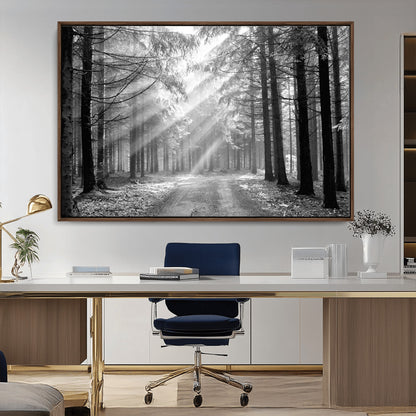 39665-MGV-CV-36X24-Black and White Forest Path Wall Art – Sunlight Rays in Trees Canvas Print, Nature Landscape Decor for Living Room or Office