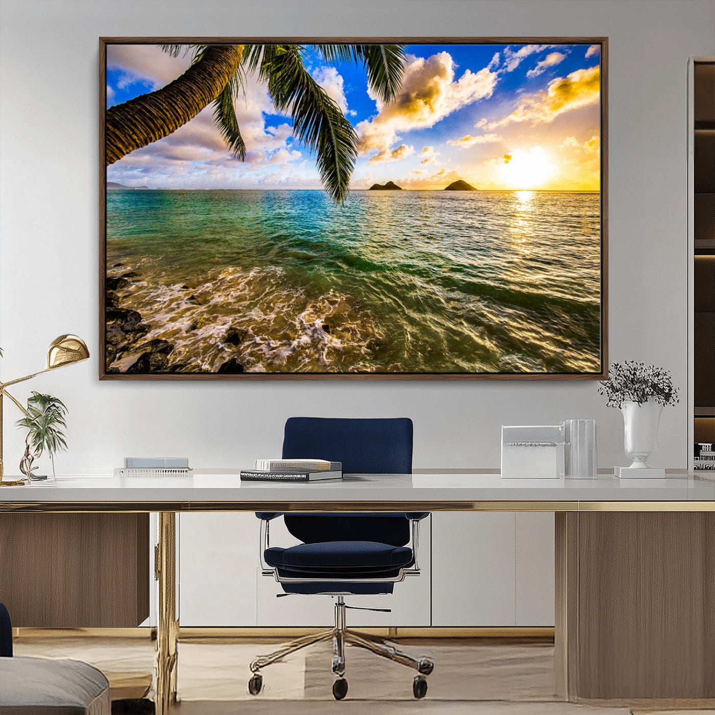 68606-MGV-CV-36X24-Tropical Palm Tree Ocean Wall Art – Sunset Beach Seascape Print, Coastal Paradise Decor for Living Room or Office